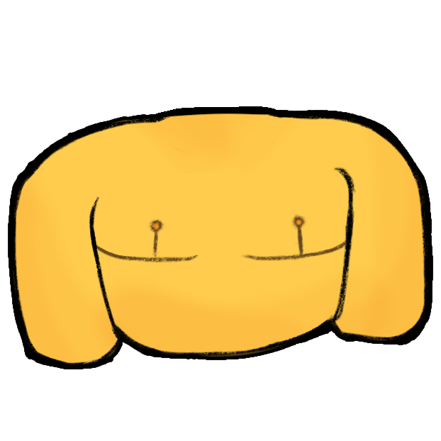 an emoji-yellow chest with a continuous top surgery scar and nipples and a stylistic white outline